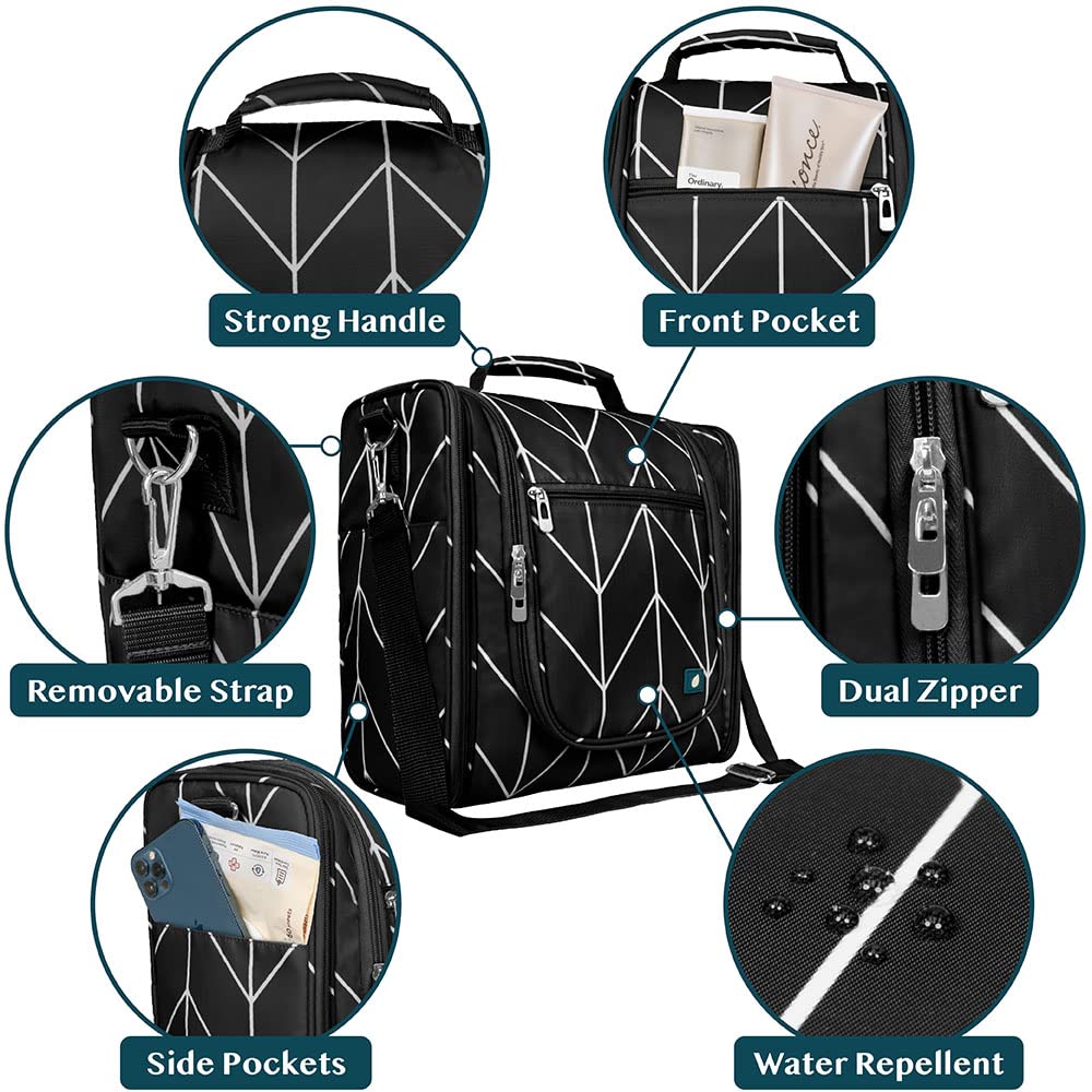 PAVILIA Extra Large Toiletry Bag Travel Bag for Women Men, Hanging Cosmetic Organizer, Water Resistant Makeup Bag for Accessories Toiletries, Travel Essentials Kit (Black Chevron)