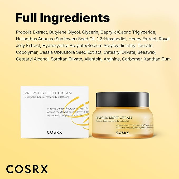 COSRX Full Fit Propolis Light Cream, 2.19 Fl.oz / 65ml, Propolis 64.5%, Hydrating Daily Day and Night Moisturiser, Korean Skin Care, Not Tested on Animals