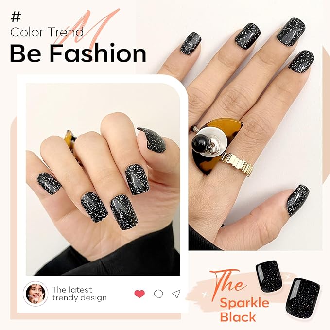 Modelones 32Pcs Sparkle Black Press on Nails, Glitter Short Square Fake Nails, Reusable Nail Kit with Nail Glue Adhesive Tabs Mini Nail File, Nails Press Ons 16 Sizes