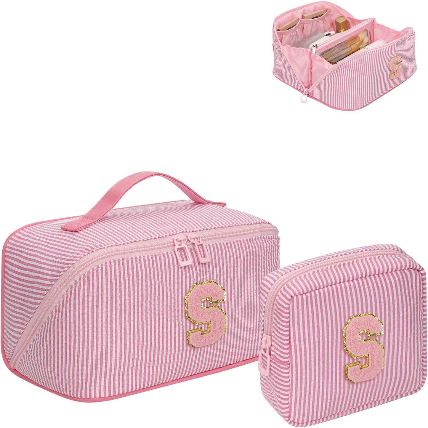 Travel Makeup Bag for Women, 2Pcs Portable Personalized Initial Makeup Organizer Bag, Open Flat Large Cosmetic Bag With Travel Essential Pouch (Pink Letter S)