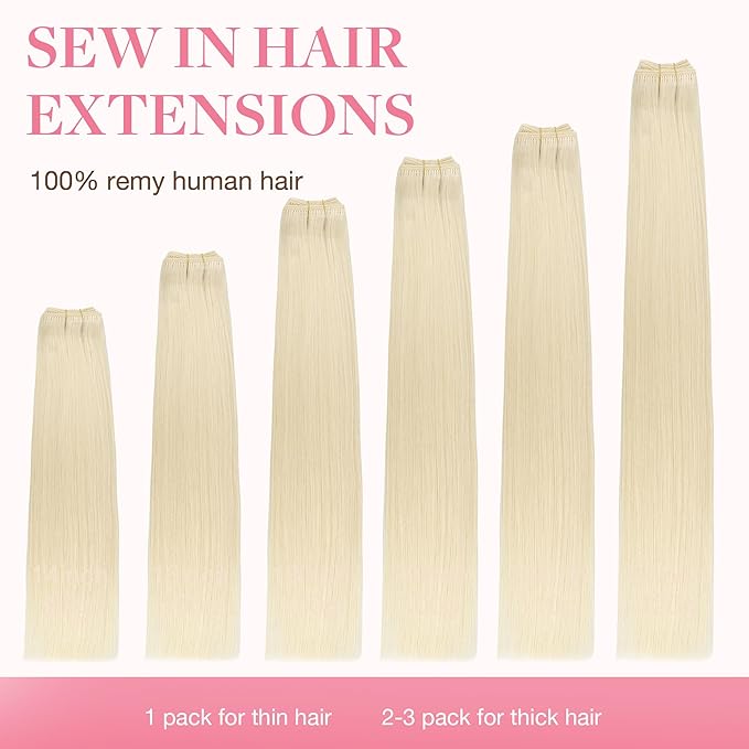 GOO GOO Sew in Hair Extensions Real Human Hair, Weft Hair Extensions Human Hair, 60A Platinum Blonde 20inch 100g, Weft Bundles Straight Silky Remy Hair