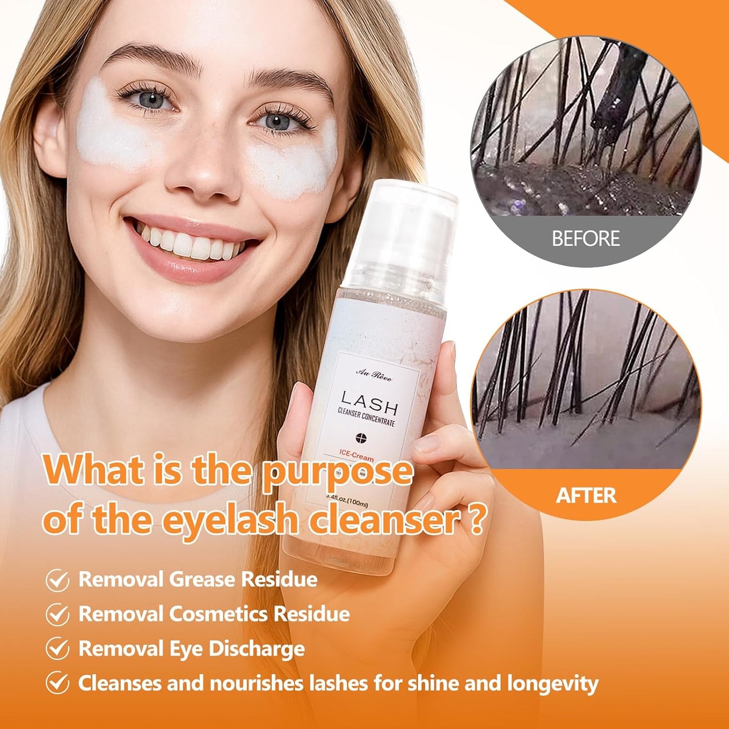 Lash Shampoo Concentrate 100ml Lash Extension Cleanser Oil-Free Eyelash Extension Shampoo with Salon Home Care -Makes 20 Bottles 60ml Eyelash Cleaner,Ice Cream