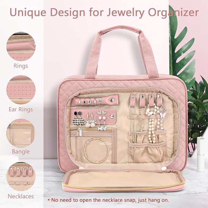 Wedama Toiletry Bag for Women, Hanging Travel Toiletry Bag with Jewelry Organizer Compartment Large Makeup Bag, PVC Waterproof Cosmetic Travel Bag for Travel Business Trips Camping Bathroom, Pink