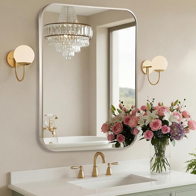 Brushed Nickel Bathroom Mirror, 24x36 Inch Aluminum Frame Rectangle Mirror, Anti-Rust, Tempered Glass, Wall Mirror for Over Sink, Vanity, Bedroom, Entryway, Horizontal/Vertical
