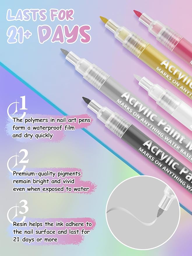 EBANKU 1Pc Nail Art Pens Quick-Drying, 3D 0.7MM Acrylic Paint Pens Nail Polish Pen Nail Art Markers Nail Point Dotting Liner Pen Tools for Home & Salon Nail DIY(Silver)