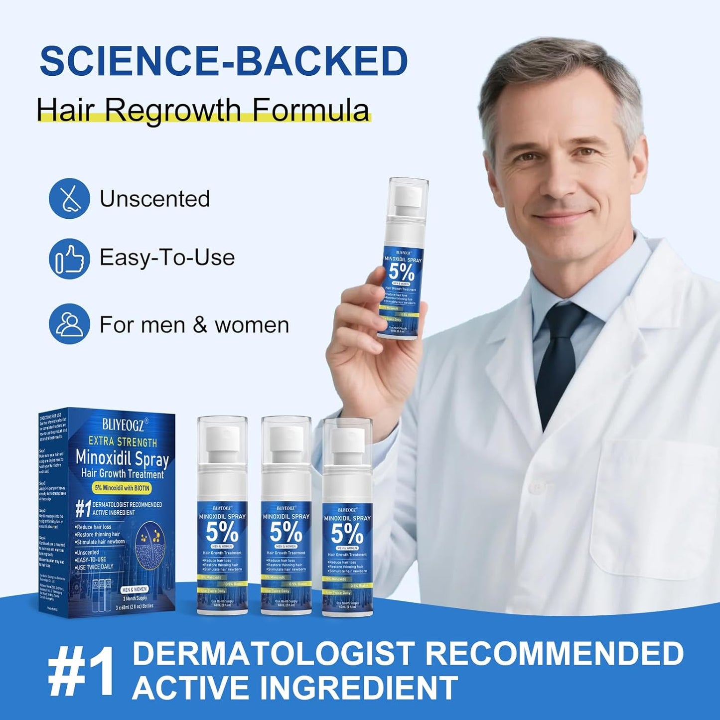 5% Minoxidil Spray for Men and Women, Infused with Biotin, for Hair Regrowth Treatment, Beard Growth, Extra Strength Treatment to Combat Hair Loss and Thinning, 3 Month Supply, 3 Bottles