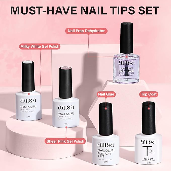 AILLSA Extra Short Coffin Gel Nail Kit 240pcs Full Nail Tips with 2 In 1 Nail Glue Base Top Coat Nail Dehydrator U v Led Lamp, Gel Extension Nail Kit for Beginners Home Salon