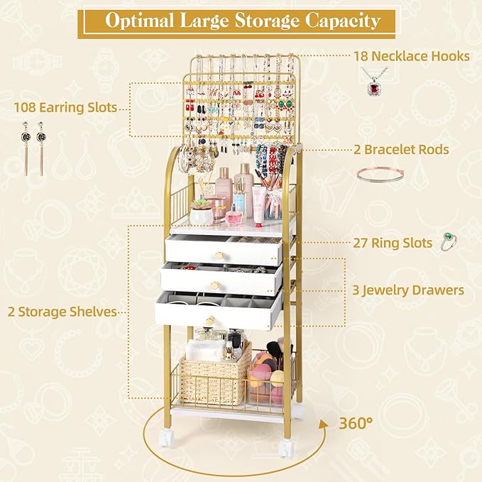 Keebofly Large Jewelry Organizer Stand with 3 Box Drawer - Necklace Organizer Earring Storage Armoire Holder with Display for Earring Necklace Ring Bracelet Gold