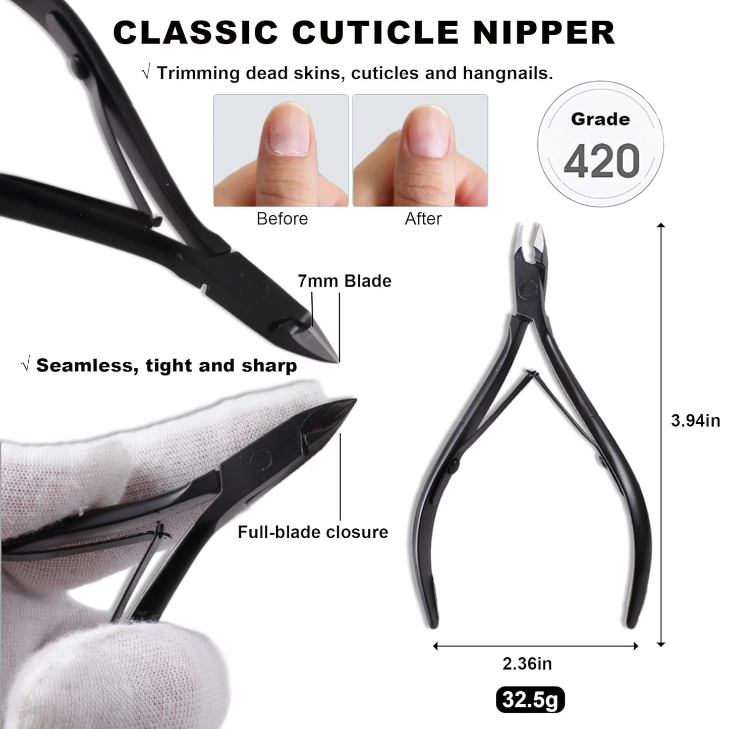 Cuticle Pusher Cuticle Nipper Set, Russian Pre-Treatment Nail Pushers, Cuticle Remover with 100/180 Grit Sandpaper, 7mm Full Jaw Cuticle Trimmer, Nail Care for Manicure Pedicure Nail Art