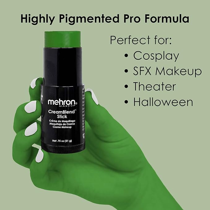 Mehron Makeup CreamBlend Stick | Face Paint, Body Paint, & Foundation Cream Makeup | Perfect for Halloween .75 oz (21 g) (Green)