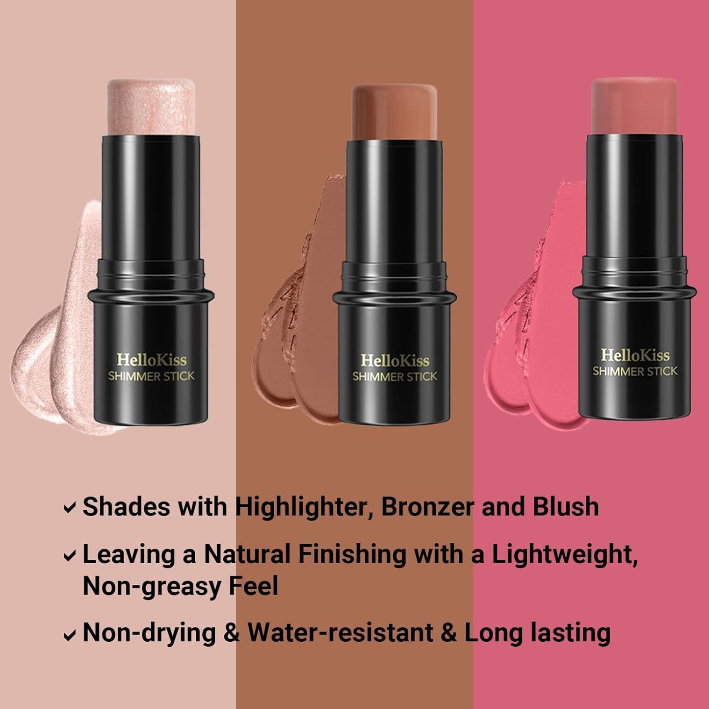 3Pcs Cream Contour Stick, with Highlighter Stick Bronzer Stick Blush Stick, Face Contour Stick Highlighter Makeup with Makeup Brush and Sponge for Sculpt the Cheeks, Long Lasting, Waterproof