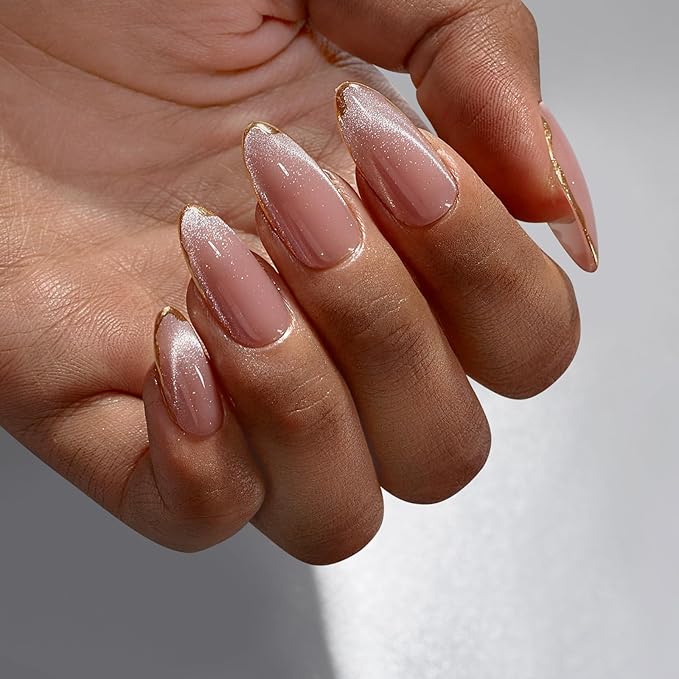 BTArtbox Press On Nails Almond - Knightshield, Cat Eye Press On Nails Medium Fake Nails with 3D Sculpting Metallic Design, Supremely Fit & Glossy Glue On Nails in 16 Sizes, 32 Stick On Nail Kit