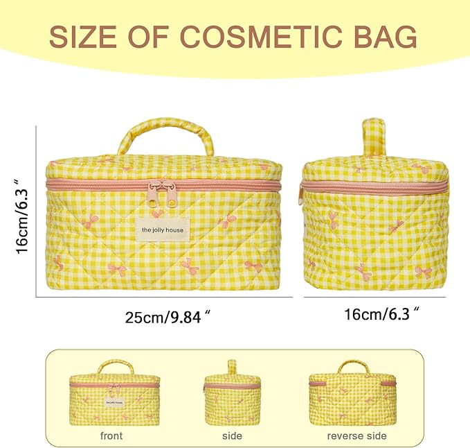 1pc Large Makeup Bag, Cute Cosmetic Bag for Women Girls, Floral Coquette Aesthetic Toiletry Bag, Travel Make Up Organizer Bag (Yellow Checked Bow