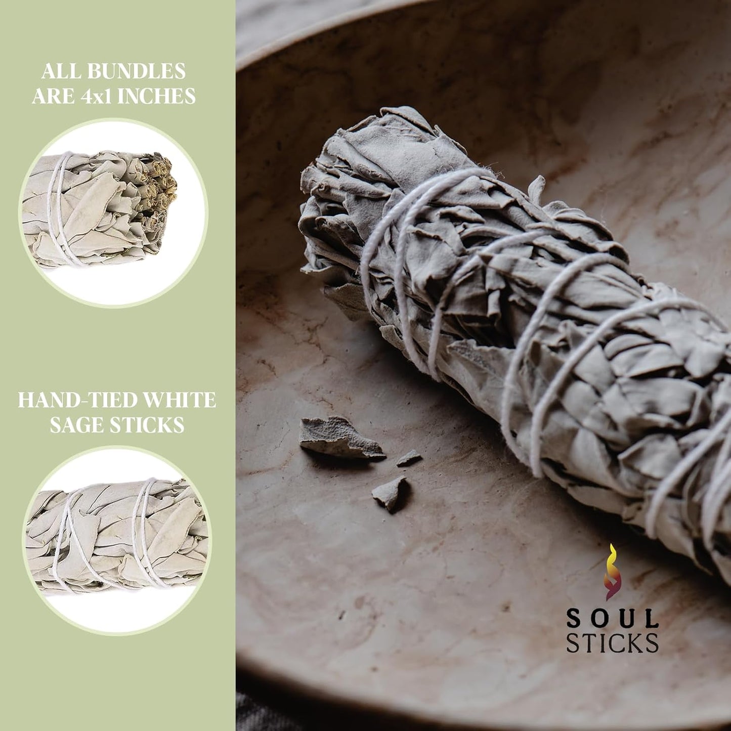 SOUL STICKS 4 Inch 3 Pack Organic White Sage Smudge Smudging Sticks | Bulk Quantities for Home Cleansing, Good Energy Meditation & Smudging Rituals | Sustainably Sourced California White Sage Bundle