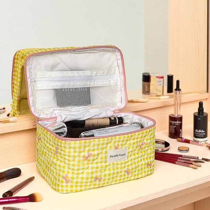 1pc Large Makeup Bag, Cute Cosmetic Bag for Women Girls, Floral Coquette Aesthetic Toiletry Bag, Travel Make Up Organizer Bag (Yellow Checked Bow