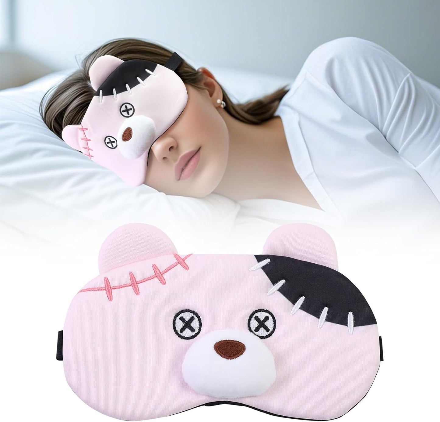 PERFECTSIGHT Sleep Eye Masks, Cute Plush Sleep Eye Cover Lightweight Adjustable Eyeshade Faux Fur Mask Cover for Women Men Kids Sleep Travel Nap, Pink Pudding Bear