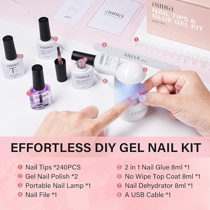 AILLSA Extra Short Coffin Gel Nail Kit 240pcs Full Nail Tips with 2 In 1 Nail Glue Base Top Coat Nail Dehydrator U v Led Lamp, Gel Extension Nail Kit for Beginners Home Salon