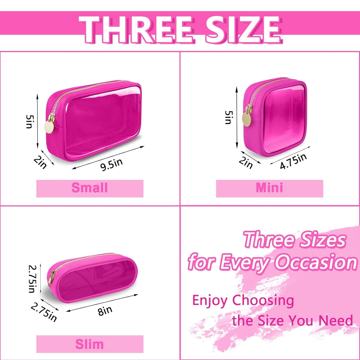 Clear Small Pencil Pouch Makeup Bag for Purse,Nylon&PVC Pencil Case Waterproof Makeup Brush Holder with Zipper,Preppy Transparent Pen Bag Travel Cosmetic Bag for Women Office(Slim-Hot Pink)