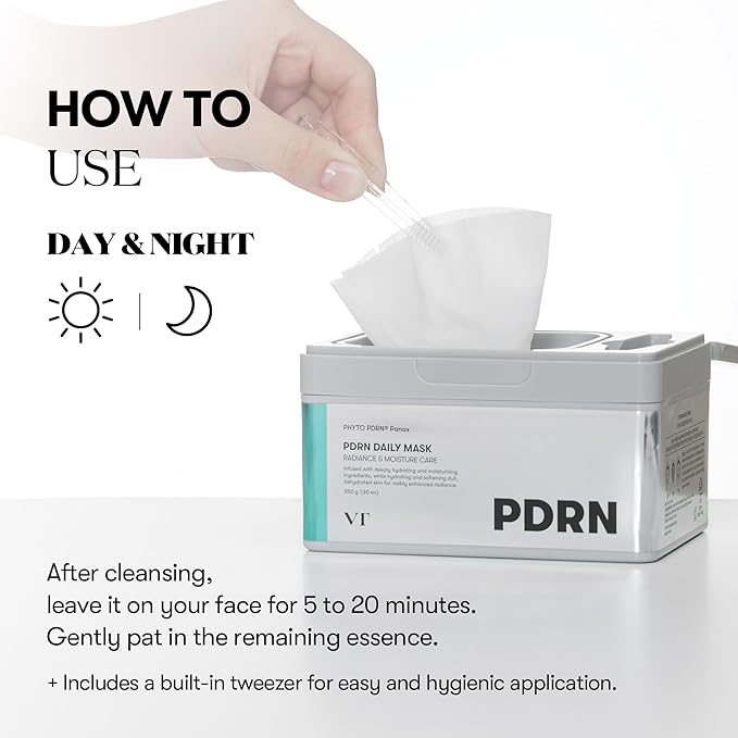 VT COSMETICS PDRN Daily Mask 30 Sheets, Vegan PDRN for Skin Restoration & Radiance, Hydrating & Moisturizing, Anti-Aging, Plumping Effect, Korean Face Mask (350g)