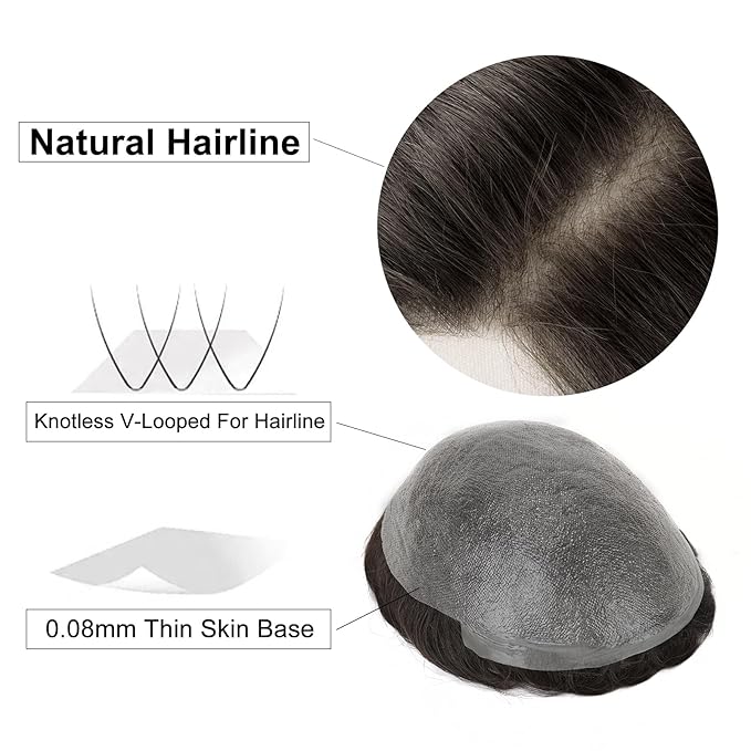 Mens 0.08mm Thin Skin Toupee, #60R White 8x10 Inch Size 110% Medium Density V-Looped Invisible Hairline Remy Human Hair for Men