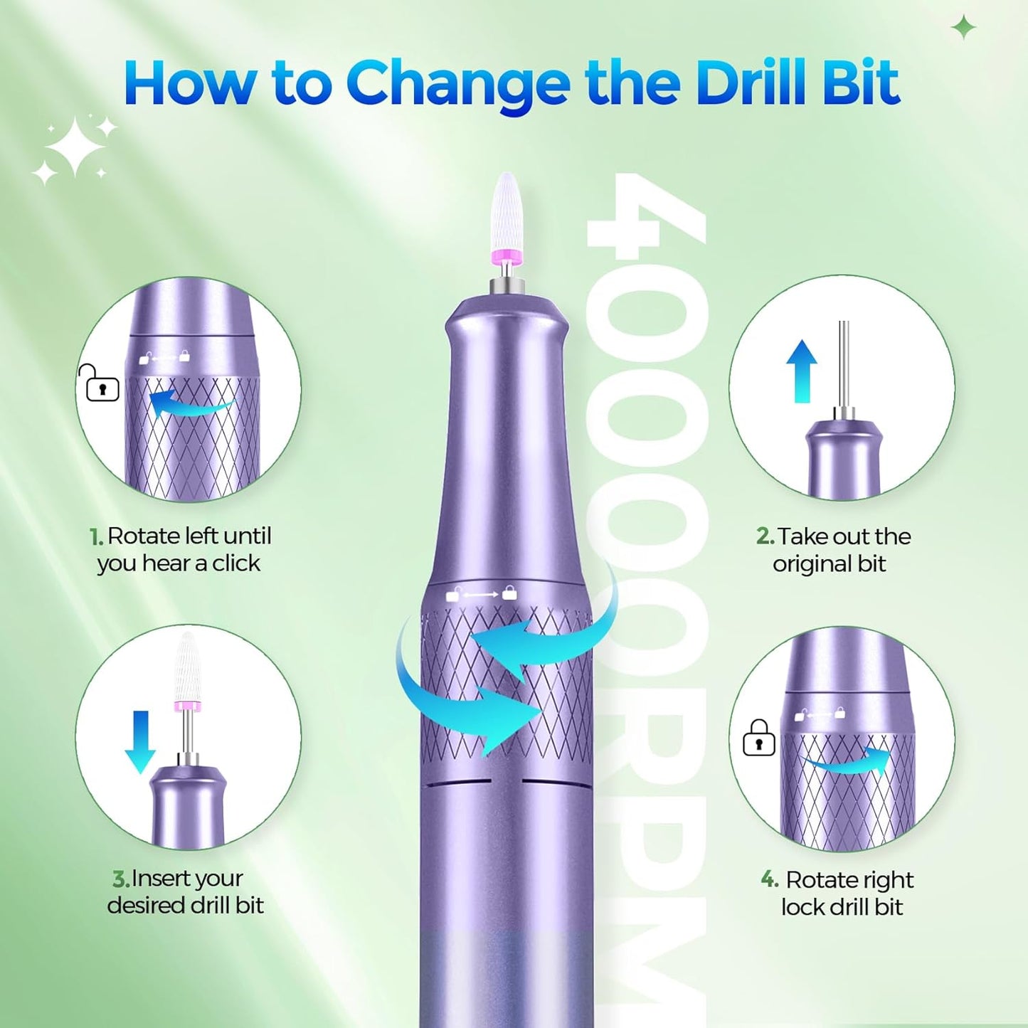 Nail Drill Electric File: DEDNMSCA Sparkly Professional Nail Drill Kit, 40000RPM E-file Machine with USB LED Light and 12 Drill Bits for Acrylic Nail Remove Gel Polish Manicure for Salon Home, Diamond