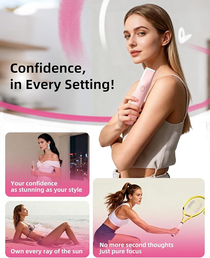 Bikini Trimmer for Women: Painless Body Hair Electric Razor - Dual Head All in 1 Versatile Shaver for Pubic Area, Leg and Face, Cordless and IPX7 Waterproof for Daily Personal Use, Pink