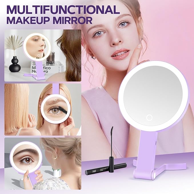 Lighted Makeup Mirror, 30X Magnifying Mirror with Light, Hanging and Handheld Mirror with Handle, Purple