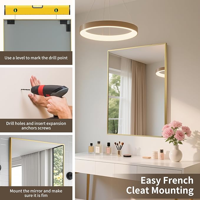 Brushed Gold Mirror, 30x36 Inch Aluminum Framed Square Corner Wall Mirror for Over Sink, Vanity, Horizontal/Vertical