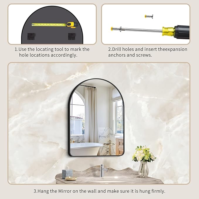 GLASHOM 20"x28" Black Arched Mirror for Bathroom, Wall Mounted Mirror, Aluminum Alloy Brushed Framed Wall Mirror, Anti-Rust, Large Mirror for Over Sink, Bedroom, Entryway Vertically Hanging