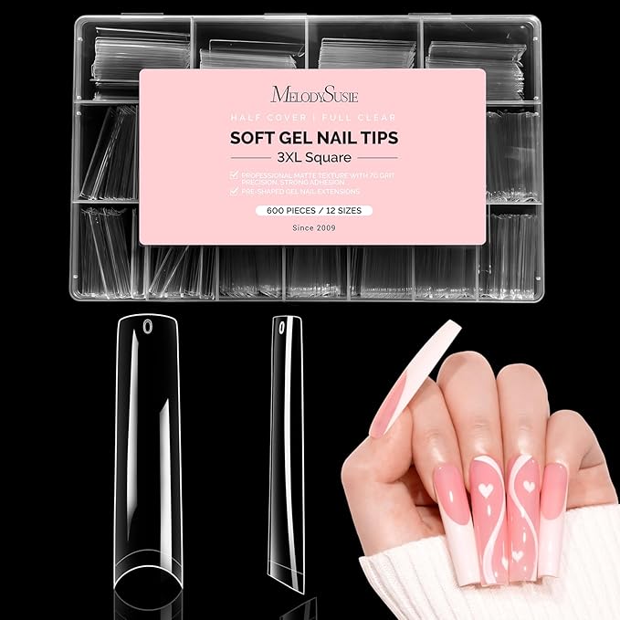 MelodySusie Extra Long Square X Nail Tips - 600Pcs 12 Sizes Clear Acrylic, Half Stick Press on Nails for DIY Extension & Salon Use, Pre-Shaped for Long-Lasting Manicure,Fall Winter Nails