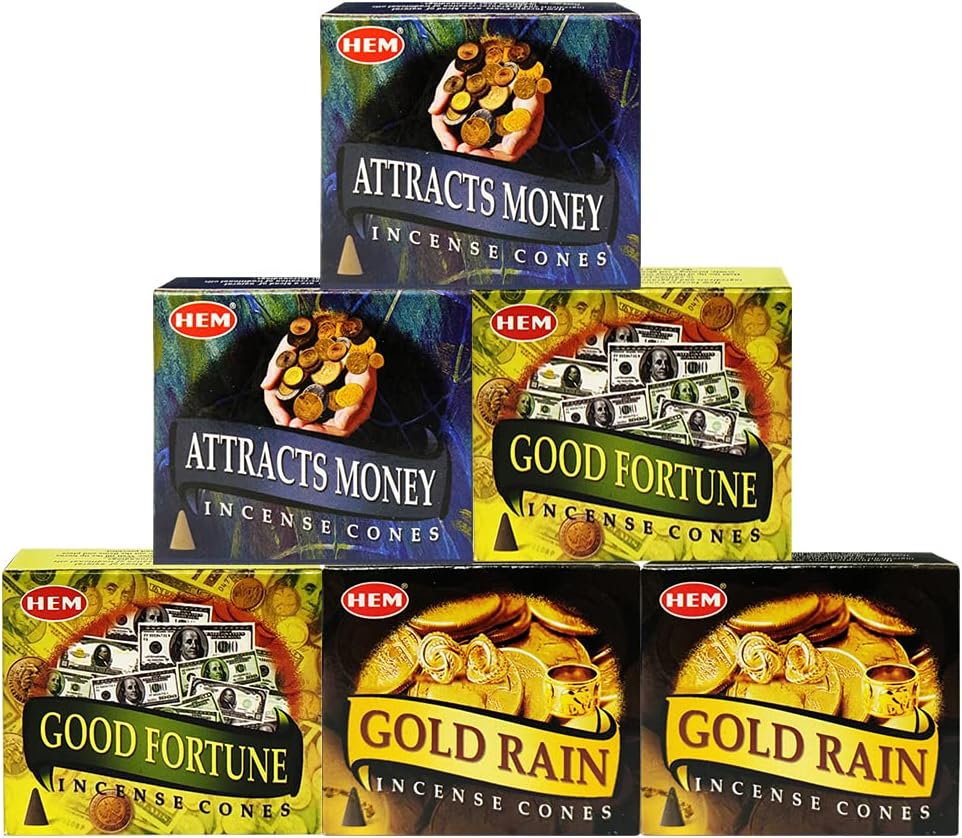 Attracts Money Good Fortune Gold Rain Incense Cones & Holder Bundle Variety Pack From Hem Trumiri Insense Insence
