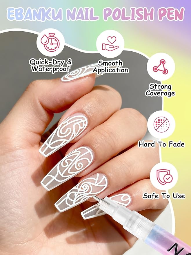 EBANKU 0.5MM Nail Art Pens, 3D Nail Polish Pens Quick-Drying Fine Tip Nail Art Markers Painting Pen Nail Point Dotting Liner Pen Tools for DIY Home Salon Nail(1Pc White)