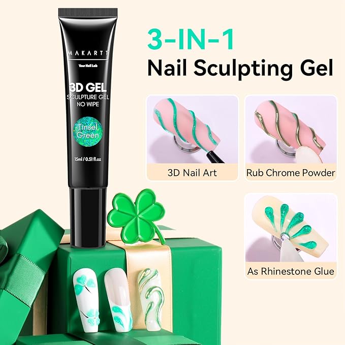 Makartt 3D Gel Nail Art- 3D Nail Gel Sculpting Gel for Nail Designs 15ml 3 in 1 No Wipe Polish for Drawing Carving Nails Molding Gels for Nail Decoration Charms- Tinsel Green