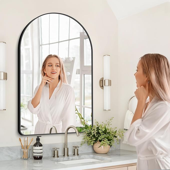 GLASHOM Arched Bathroom Mirror, 30"x48" Black Arched Mirror for Bathroom, Wall Mounted Mirror, Black Vanity Wall Mirror w/Metal Frame for Bedroom, Entryway, Living Room, Vertically Hanging