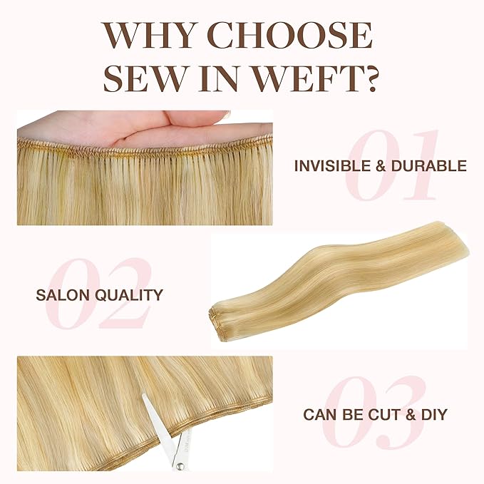 GOO GOO Sew in Hair Extensions Real Human Hair, Weft Hair Extensions Human Hair, 18D/22F Dirty Blonde Highlights 20inch 100g, Weft Bundles Straight Silky Remy Hair