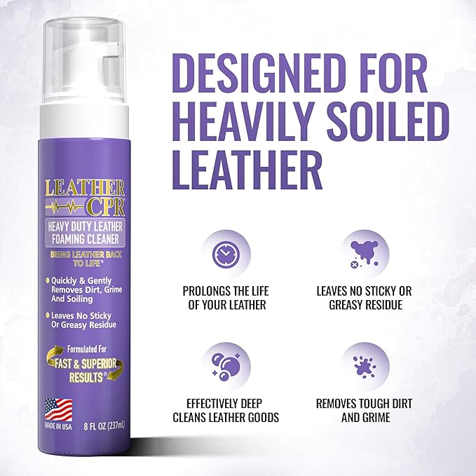 Leather CPR Heavy Duty Leather Foaming Cleaner - 8 oz - Car Interior Cleaner For Heavy Dirt & Grime, Heavily Soiled Furniture Leather Cleaner For Couch, Car Seat,Purses, Shoes, Boots, & More