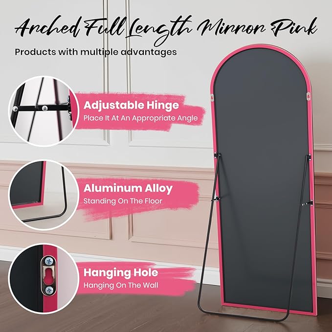 Anpark 28"x71"Arched Full Length Mirror, Full Body Mirror with Stand, Aluminum Frame for Bedroom & Hanging Leaning Modern Simple Home Decor Shatter-proorf Nano Glass Wall Living Room Cloakroom, Pink