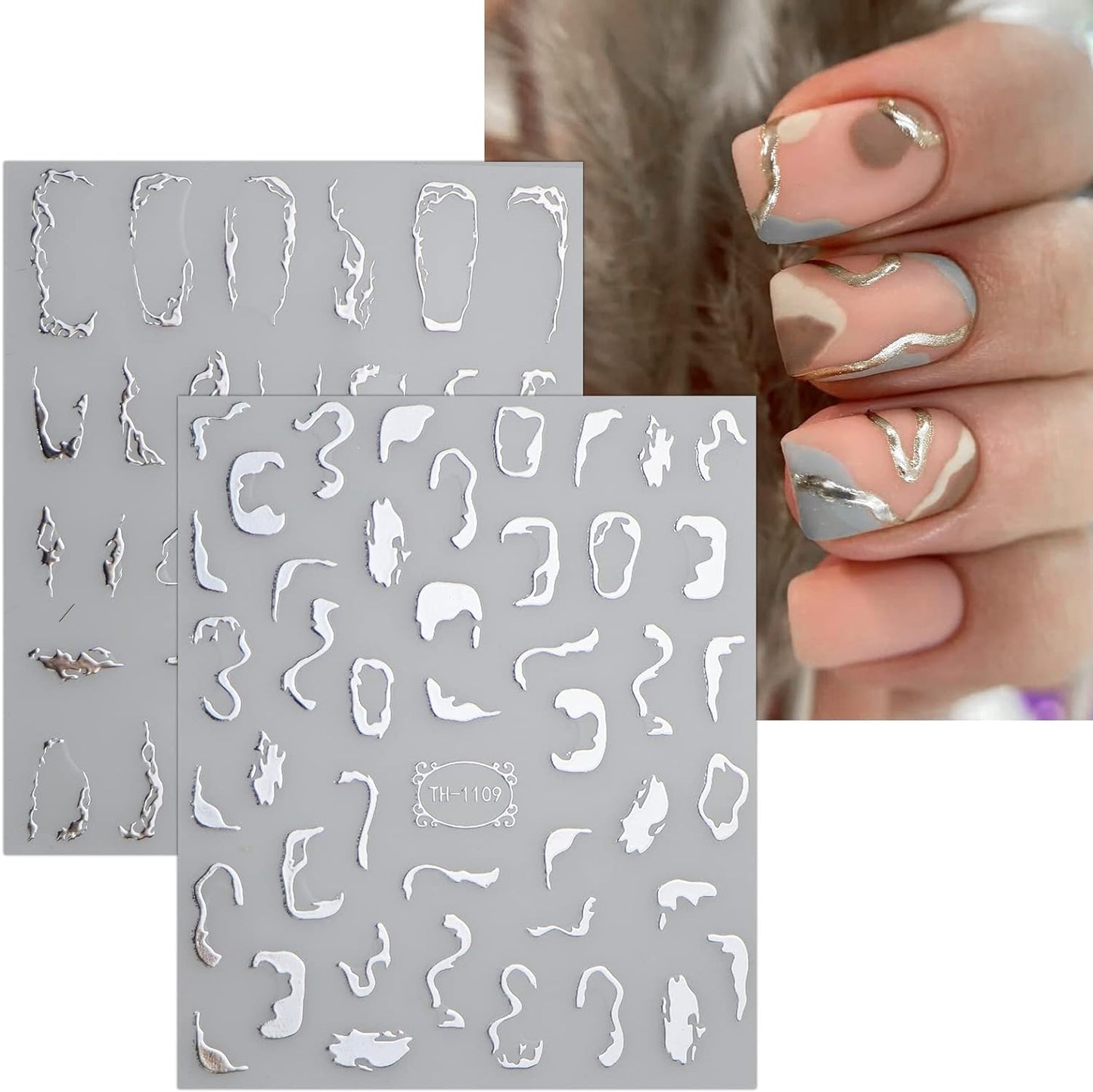 JMEOWIO 9 Sheets Marble Line Nail Art Stickers Decals Self-Adhesive Pegatinas Uñas Silver Nail Supplies Nail Art Design Decoration Accessories