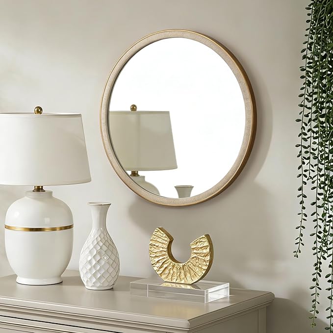 WallBeyond Round Mirror 24 Inch, Linen-Texture Circle Wall Mirror for Bathroom, Bedroom, Entryway, Living Room