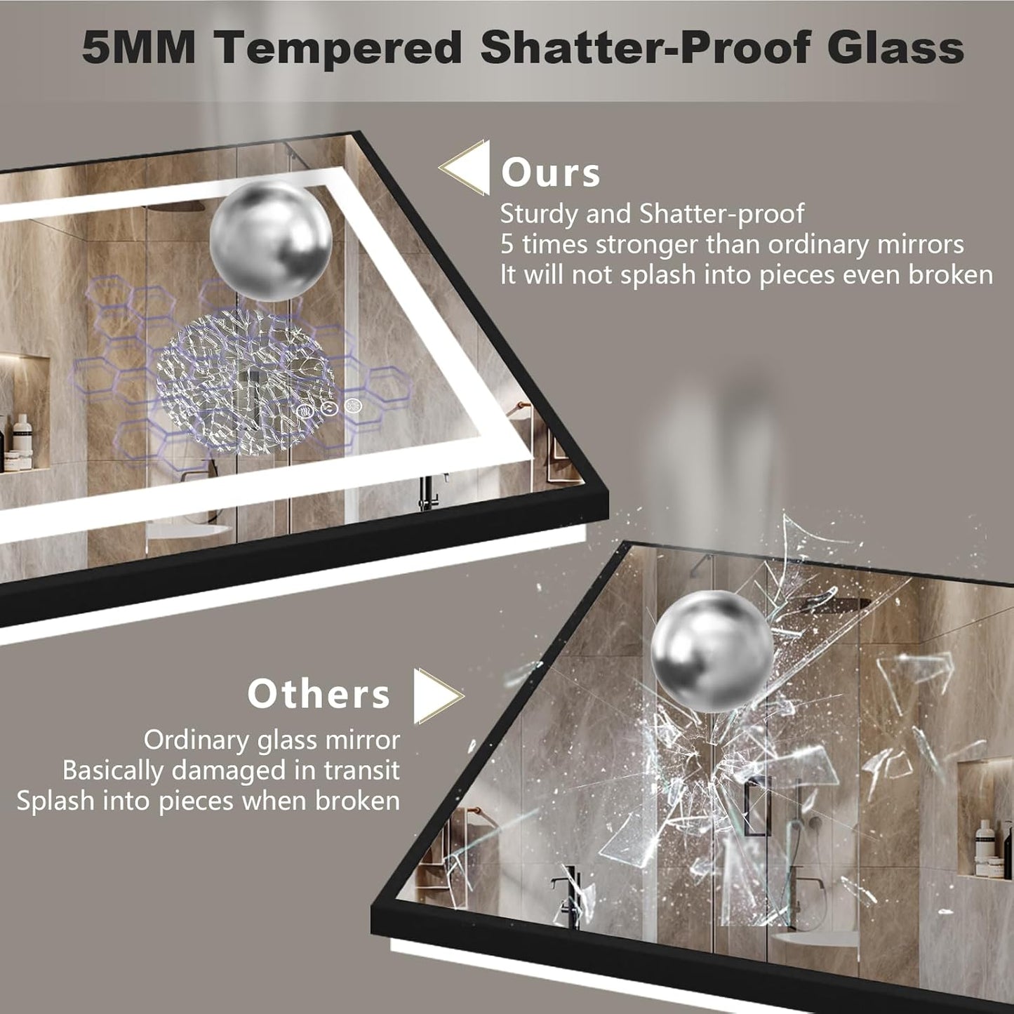 OKPAL 66x40 LED Bathroom Mirror with Lights, Frontlit & Backlit Lighted Bathroom Mirror, Black Lighted Vanity Mirror, Anti-Fog, Dimmable 3 Colors, Shatterproof, Horizontal/Vertical