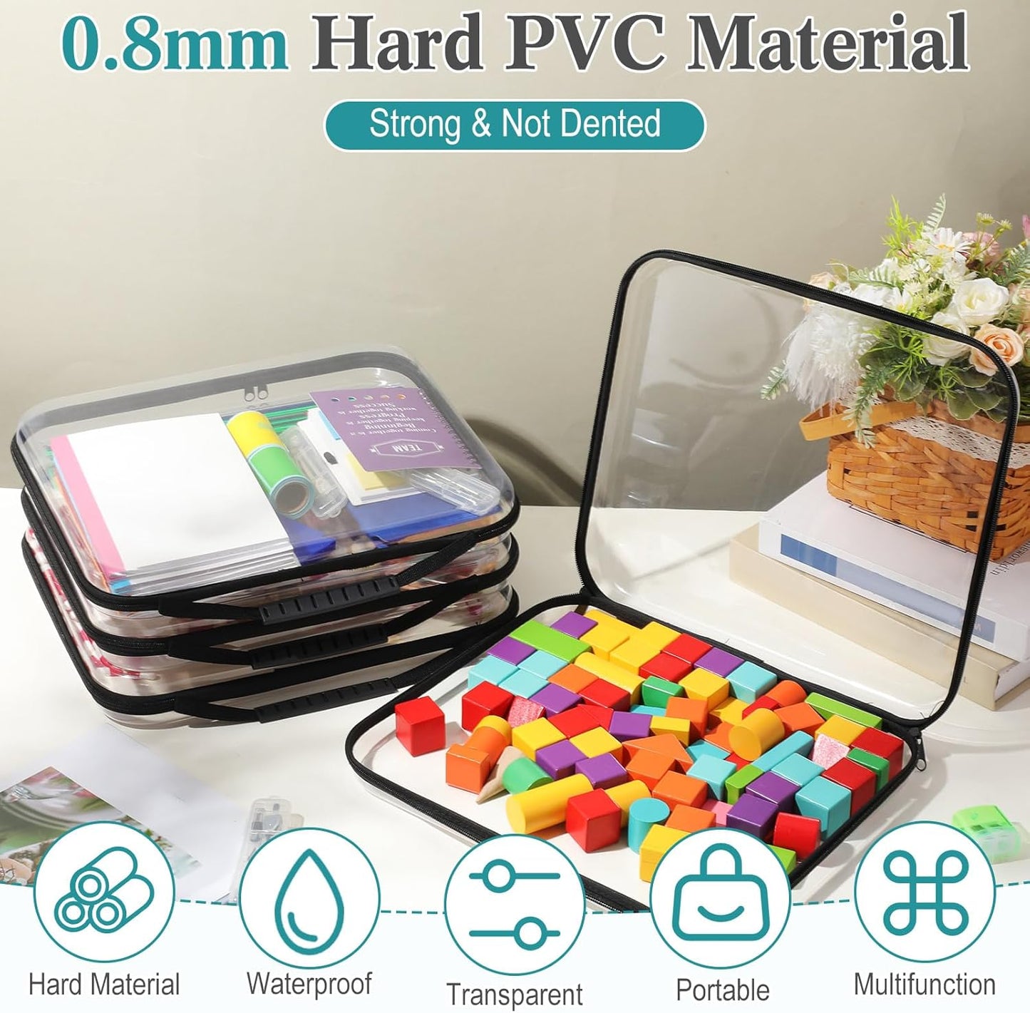 Sanwuta 4 Pcs Clear Hard Zipper Case with Handle Office Storage Cases Hard Plastic Pouches Transparent Bins for Crafts, Pencils, Snacks, Cosmetics, Puzzles(13.8 x 11.8 x 2 Inches,Black)