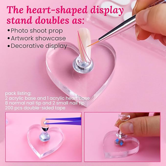 Wooden Stand for Nails Art Display Practice 2 Set, 1 Heart Shaped Acrylic Magnetic Nail Stand, Fake Nail Holder with 200 Pieces Double-sided Tape, For Home DIY Salon Supplies (Wood, Large)