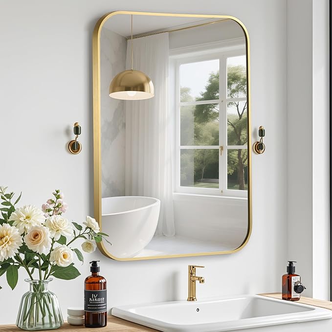Gold Bathroom Mirror, 40x30 Inch Aluminum Frame Rectangle Mirror, Anti-Rust, Tempered Glass, Wall Mirror for Over Sink, Vanity, Bedroom, Entryway, Horizontal/Vertical