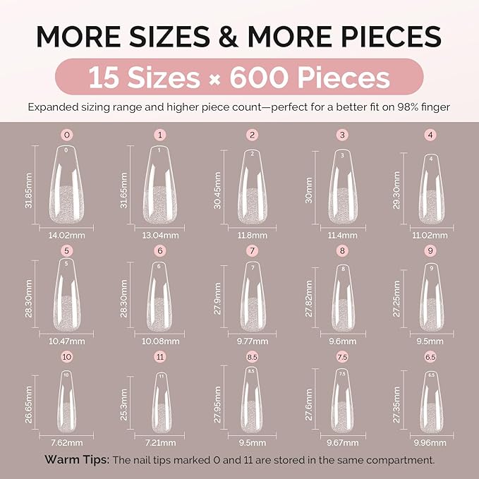 MelodySusie Long Coffin X Nail Tips - 600Pcs 15 Sizes Clear Acrylic, Half Matte Full Cover Press on Nails for DIY Extension & Salon Use, Pre-Shaped for Long-Lasting Manicure