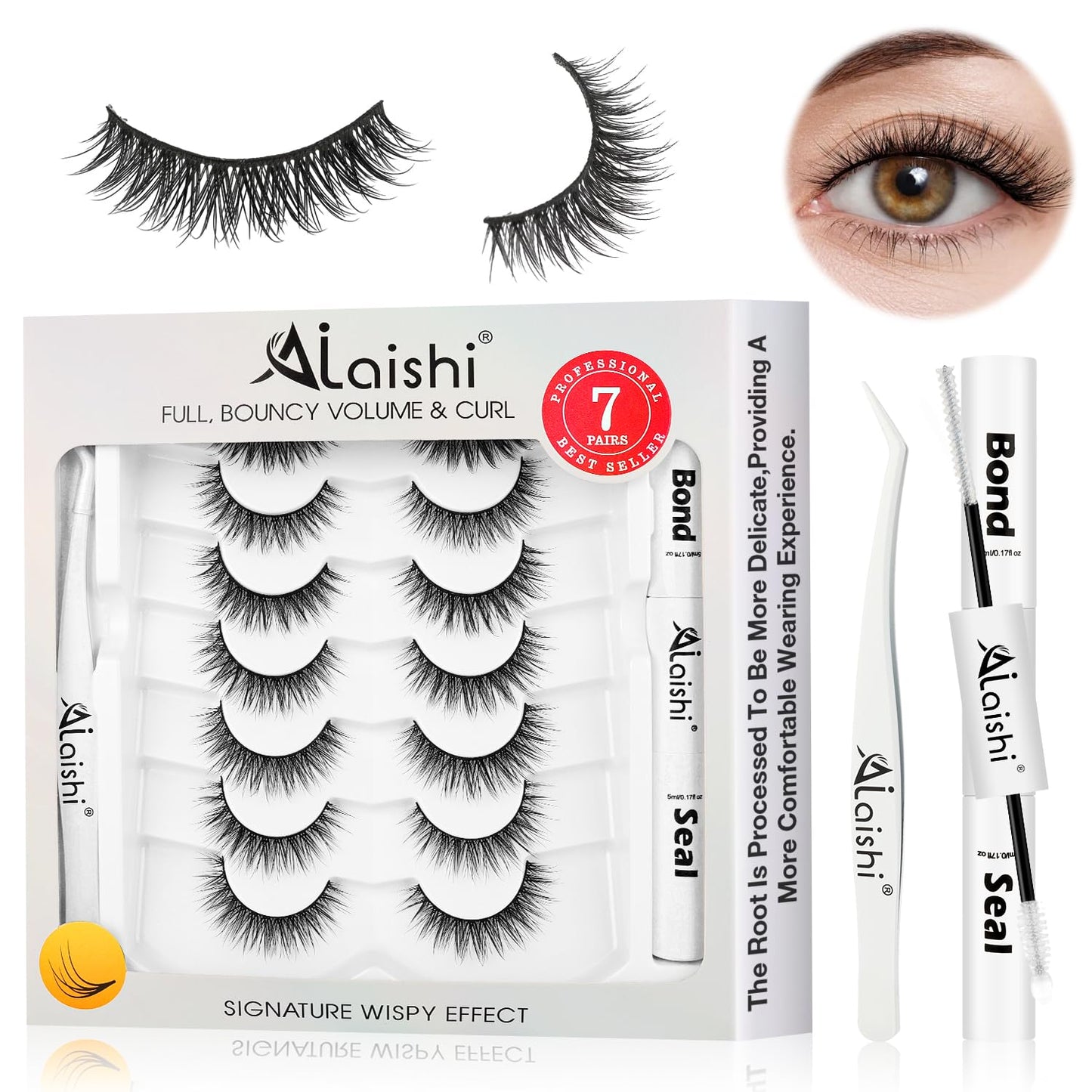 Wispy False Eyelashes Kit With Bond, Seal and Tweezer, 7 Pairs Natural Look Fake Cat Eye Lashes Strips Thin Band Extensions Waterproof Easy Eyelashes for Beginners RQ01