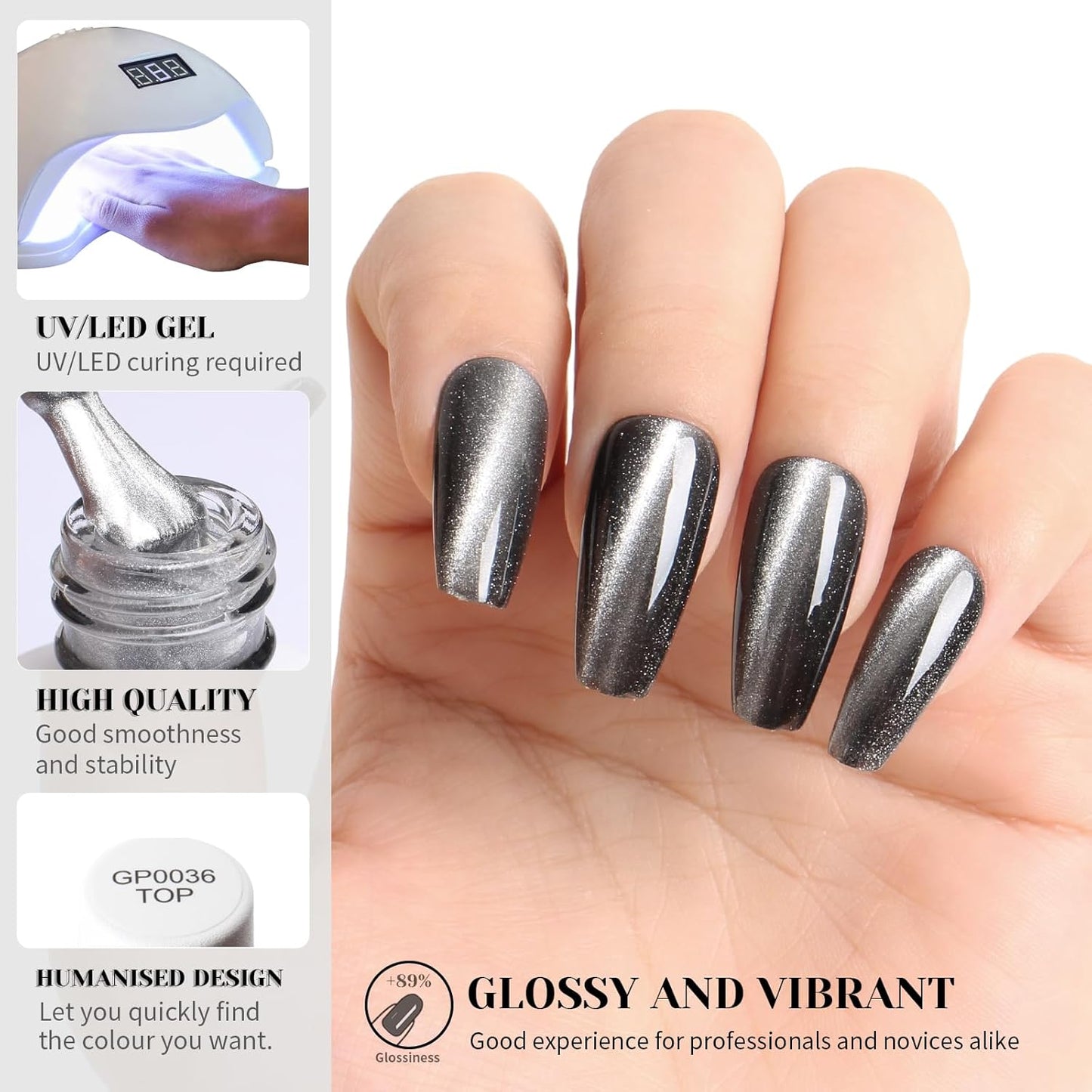 Crystal Cat Eye Gel Nail Polish,15ml Holographic Galaxy Gel Polish Soak Off UV LED Nail Lamp Magnetic Silver Shimmer Velvet Gel Nail Polish for Manicure Salon DIY Home - GP0082