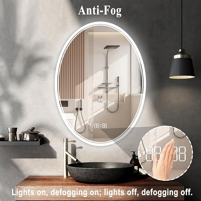 28x36 Inch LED Bathroom Mirror – Anti-Fog, Shatter-Proof Oval Makeup Mirror with Front & Backlit Lighting, 3 Color Modes & Stepless Dimming, Digital Time/Temperature Display, Vanity Mirror