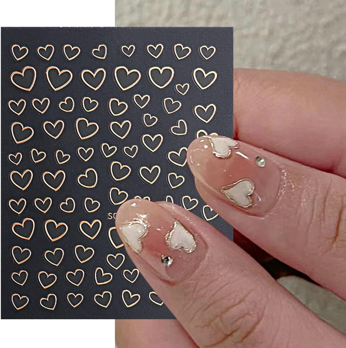 Valentines Day Nail Decals - 8 Sheets 3D Metallic Heart Charms Gold Silver Nail Art Stickers for Women DIY Manicure