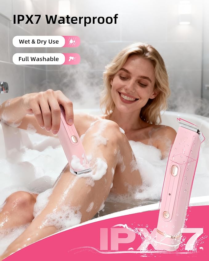 Bikini Trimmer for Women: Painless Body Hair Electric Razor - Dual Head All in 1 Versatile Shaver for Pubic Area, Leg and Face, Cordless and IPX7 Waterproof for Daily Personal Use, Pink