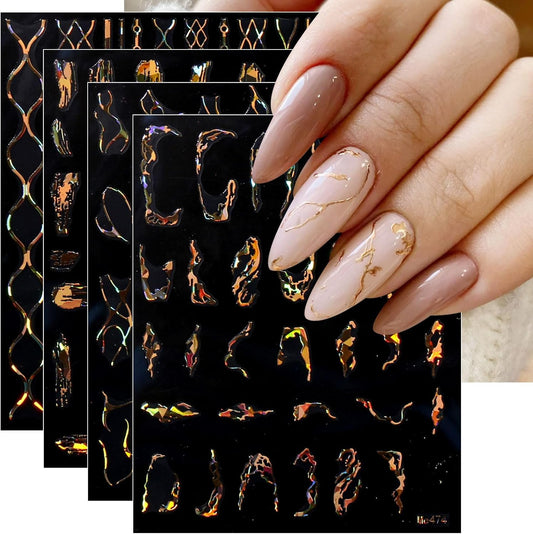 JMEOWIO 9 Sheets Marble Line Nail Art Stickers Decals Self-Adhesive Gold Nail Supplies Nail Art Design Decoration Accessories